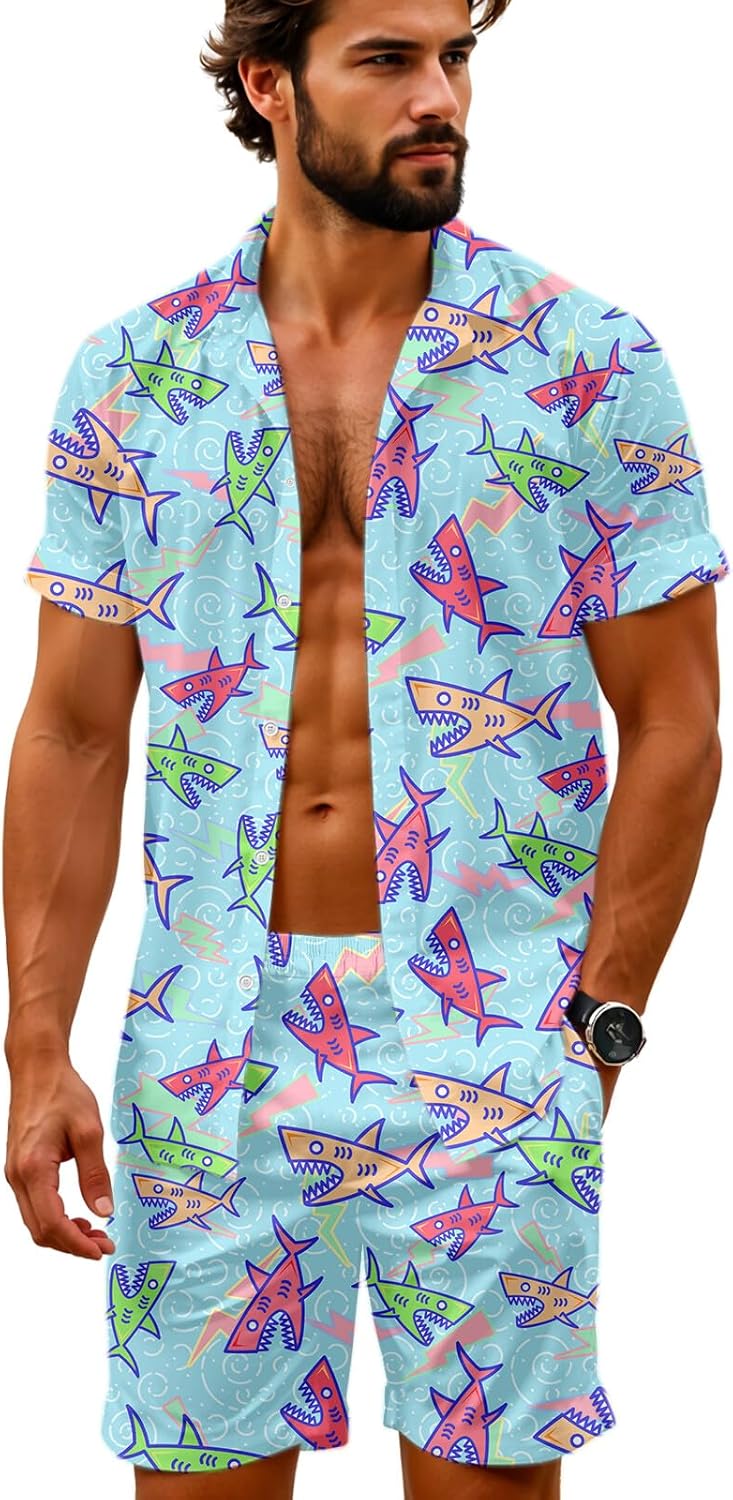 Artsadd 80s 90s Outfit for Men Hawaiian Shirt and Shorts Set Beach Party Outfits