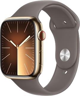Apple Watch Series 9 [GPS + Cellular 45mm] Smartwatch with Gold Stainless steel Case with Clay Sport Band S/M. Fitness Tracker, Blood Oxygen & ECG Apps, Always-On Retina Display, Water Resistant
