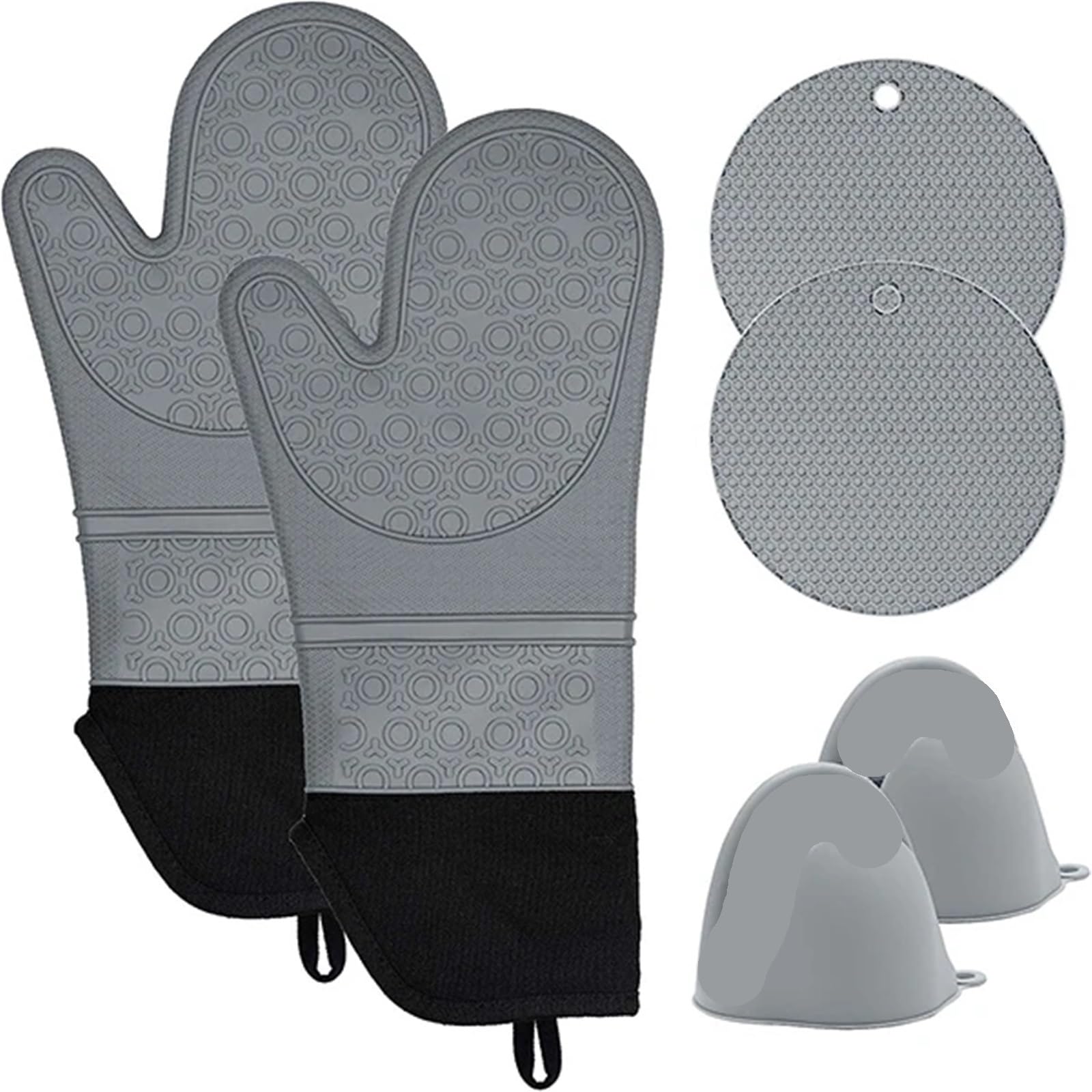 Professional Silicone Oven Mitts And Pot Holders 6Pcs Set Heat Resistant Long Kitchen Glove For Grilling Cooking Baking(Grey)