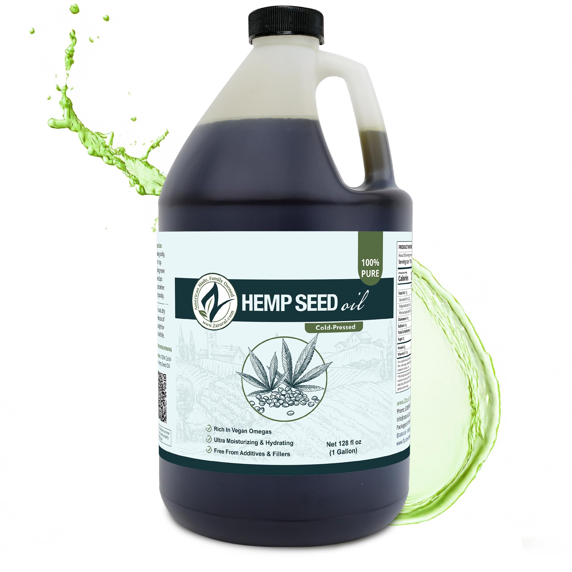 Zatural Hemp Oil 100% Pure Cold Pressed High Vegan Omegas 3 & 6 No Fillers or Additives Therapeutic Grade (1 Gallon)