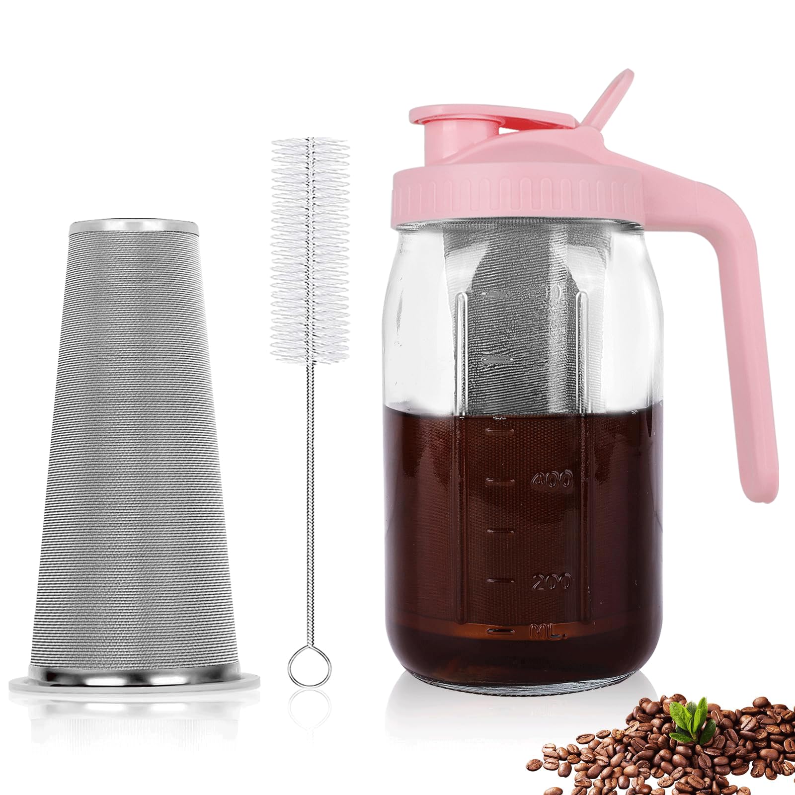 Cold Brew Coffee Maker, 32 oz Mason Jar Pitcher with Stainless Steel Filter, Pour Spout Handle Lid, Heavy Duty Glass Airtight &amp; Leak-Proof for Iced Coffee,Tea &amp; Lemonade