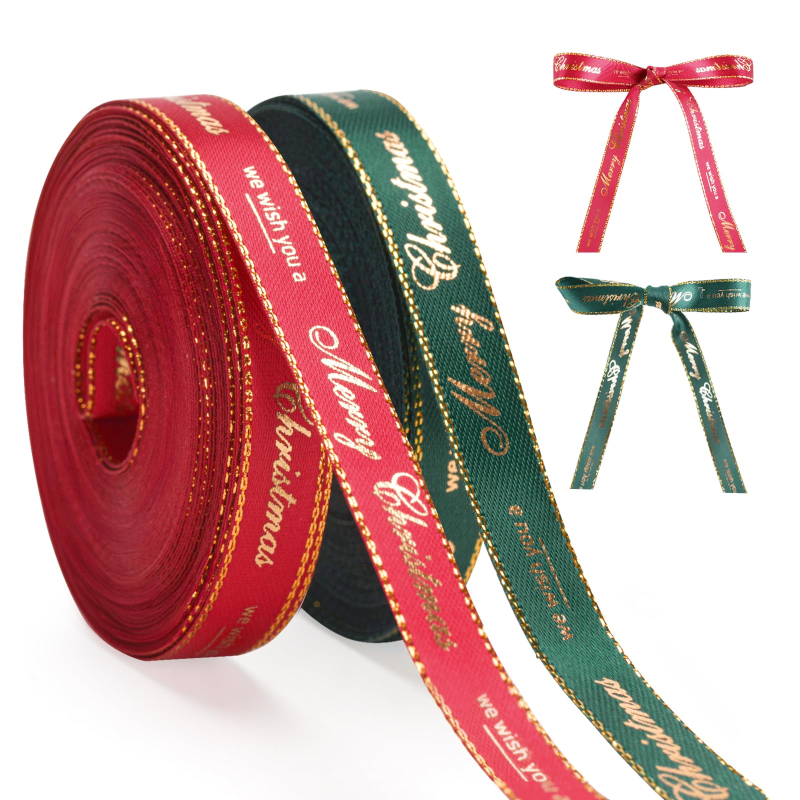 G2PLUS 10mm Merry Christmas Ribbon: Red and Green Gift Wrapping Band with Gold Edges, 20 Yard Grosgrain Decor Ribbon for Gift Wrapping, Christmas Tree Decoration, DIY Crafts