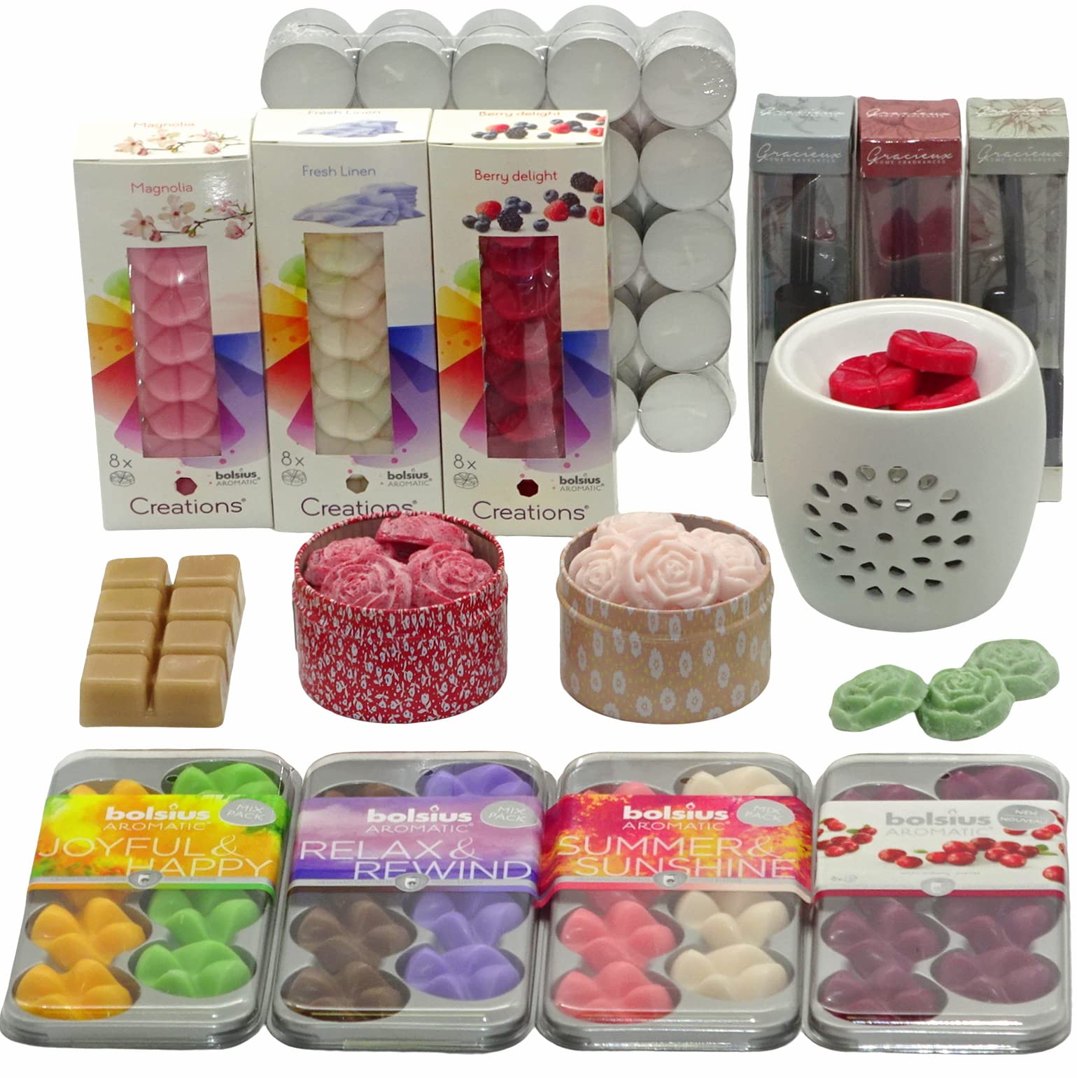 150-teiliges Überraschungs Duftset: 96 Duftwachs Melts + 50 Teelichter + 3 Diffuser + Duftlampe, Aromatik Geschenkset Mix Paket verschiedene Düfte