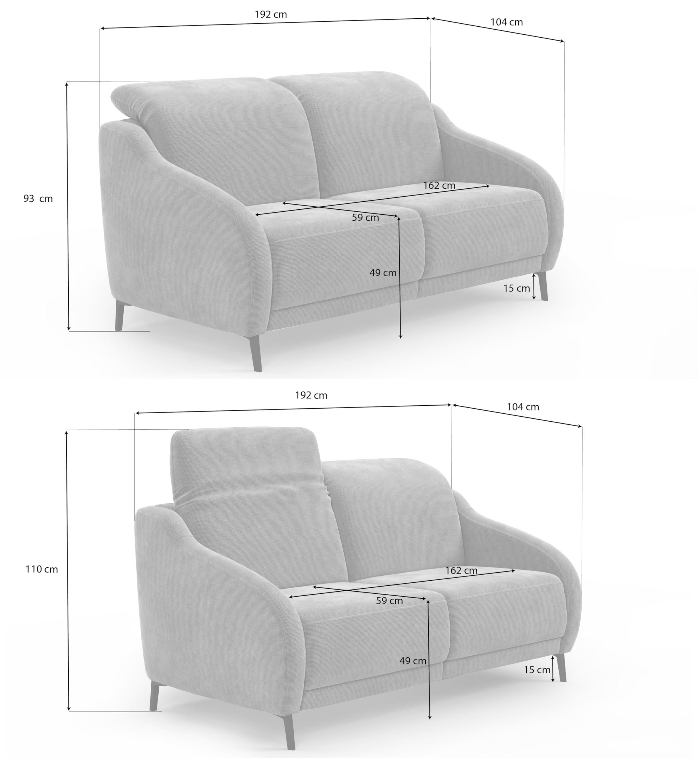 Cavadore 3er-Sofa Blue, 3-Sitzer Couch im modernen Design mit motorischer TV-Funktion inkl. klapptisch, USB-Anschluss, Kopfteilverstellung, mattschwarzen Metallfüßen, 192 x 93 x 104, Mikrofaser, Beige