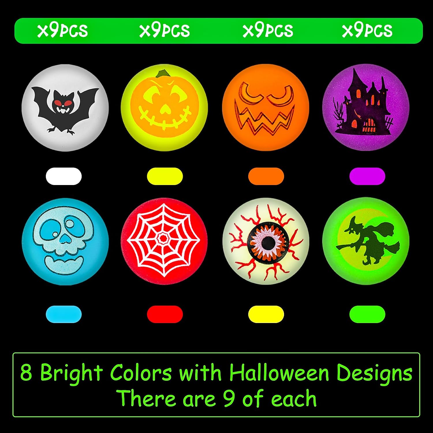 MGparty Halloween Toys Bulk 72 PCS Glow in The Dark Bouncy Balls 18 Designs Bouncing Balls Halloween Party Favors for Kids, Halloween Game Supplies, Trick or Treating Goodies
