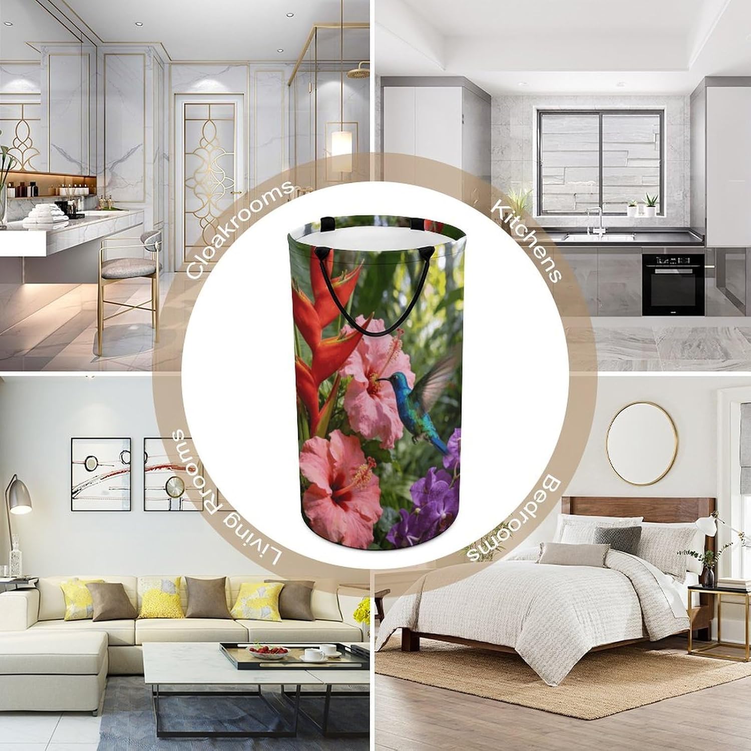 Tropical Flowers And Hummingbirds Laundry Hamper with Handles Waterproof Collapsible Laundry Basket Large Lightweight Round Dirty Clothes Hamper for Home Dorm Bathroom Decor