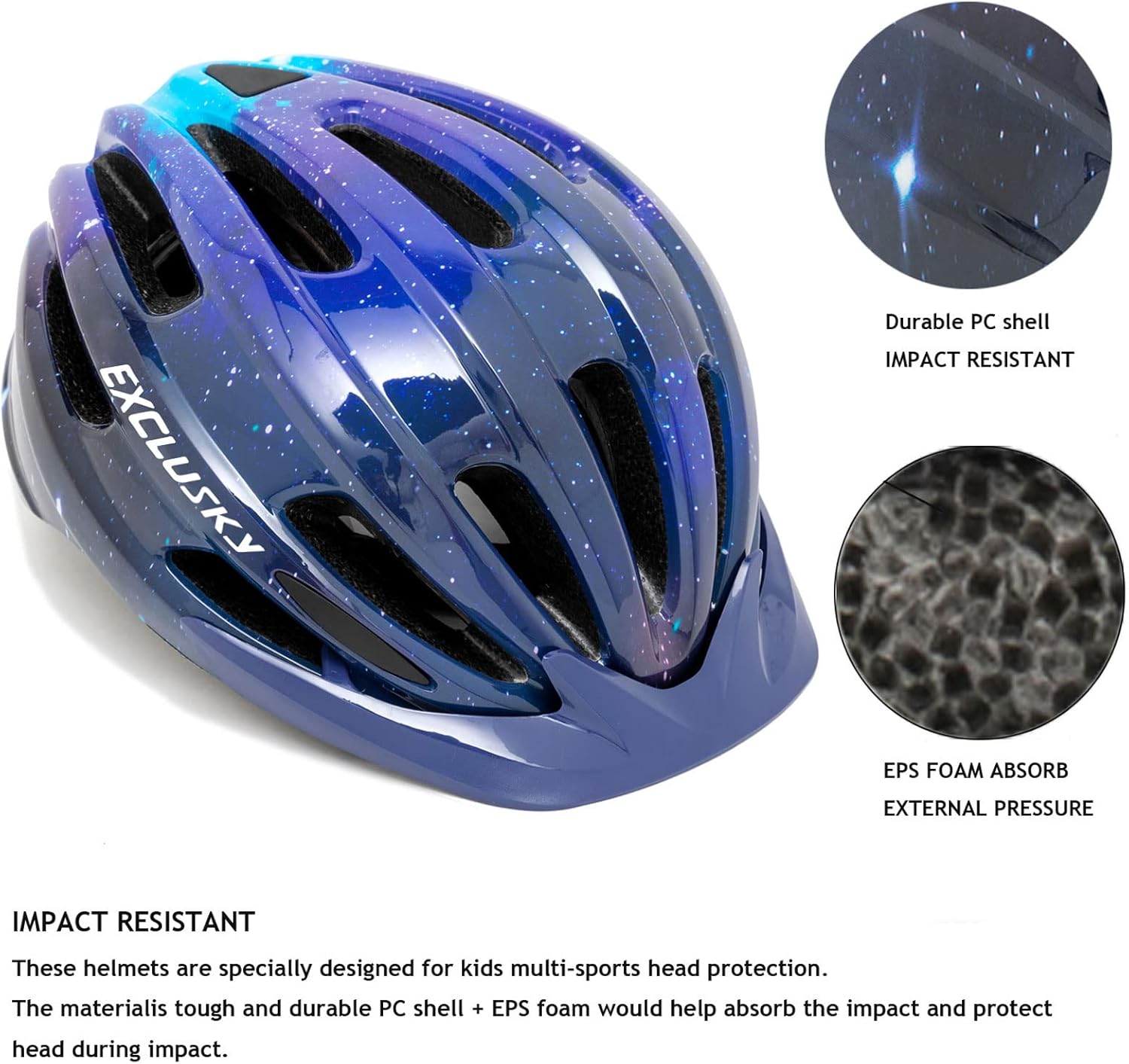 Exclusky Kids Bike Helmet with LED Light – Adjustable Multi-Sport Youth Helmet for Boys & Girls, Ages 5-12, Fits 50-57cm, Cycling Safety Gear