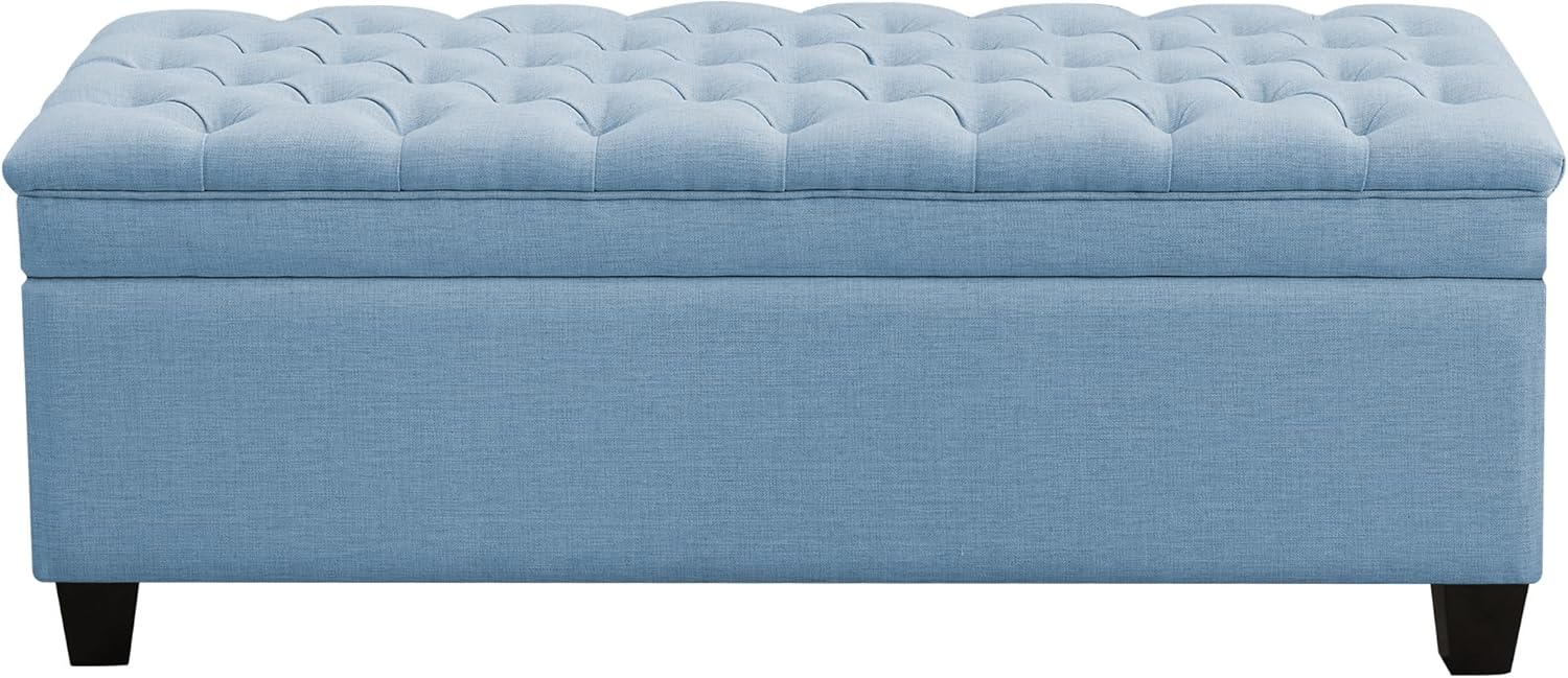 51" Fabric Storage Ottoman Bench, Upholstered Rectangle End of Bed Storage Ottoman Tufted Living Room Bedroom Bench with Safety Hinge, Solid Wood Legs, Loads 500 lb(Light Blue)