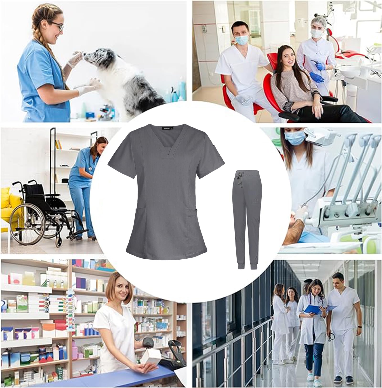 Divisa Sanitaria Donna con 8 Tasche, Top Scollo V & Pantaloni Divise Scrub da Infermiera Set Uniforme per Medici, Infermieri, Veterinari, Dentisti