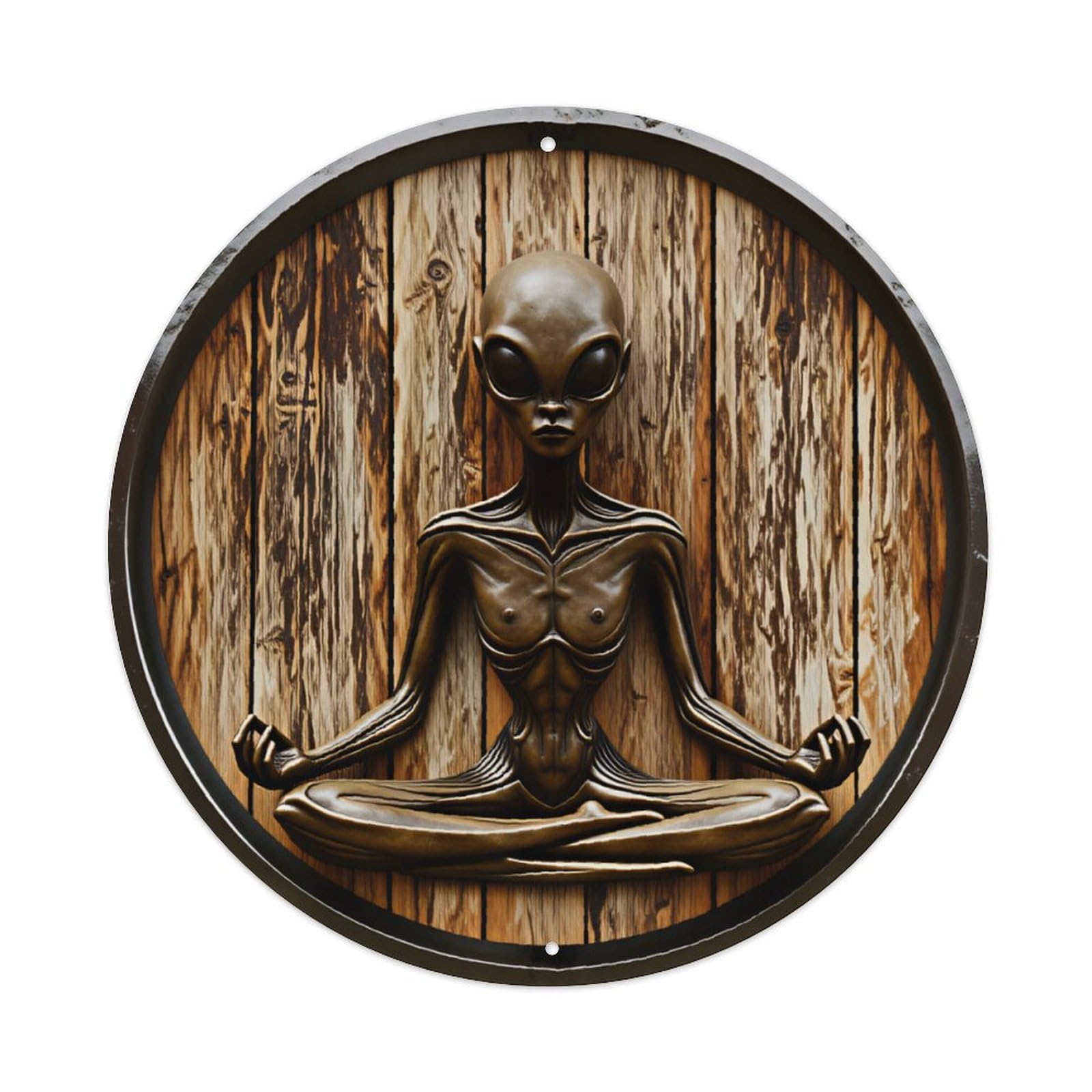 Meditating Alien Wooden Vintage Round Decor Sign Vintage Aluminium Metal Sign, Retro Wall Decor for Home, Bar, Garage & Farmhouse 20x20cm