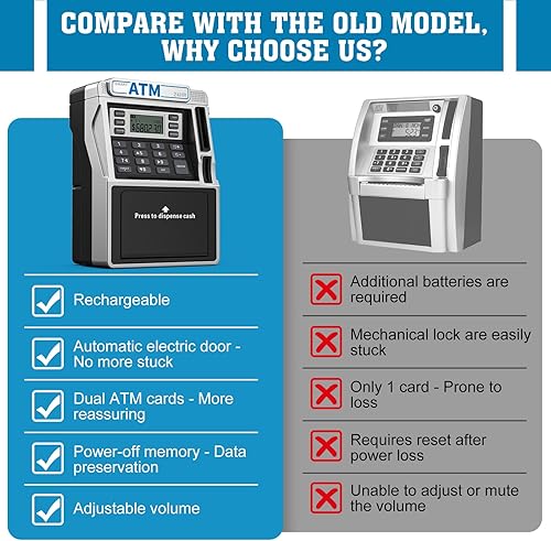 Miniatura 3 de Alcancía de cajero automático para niños, recargable, memoria de apagado para dinero real, segura con tarjeta de débito, reconocimiento de monedas,