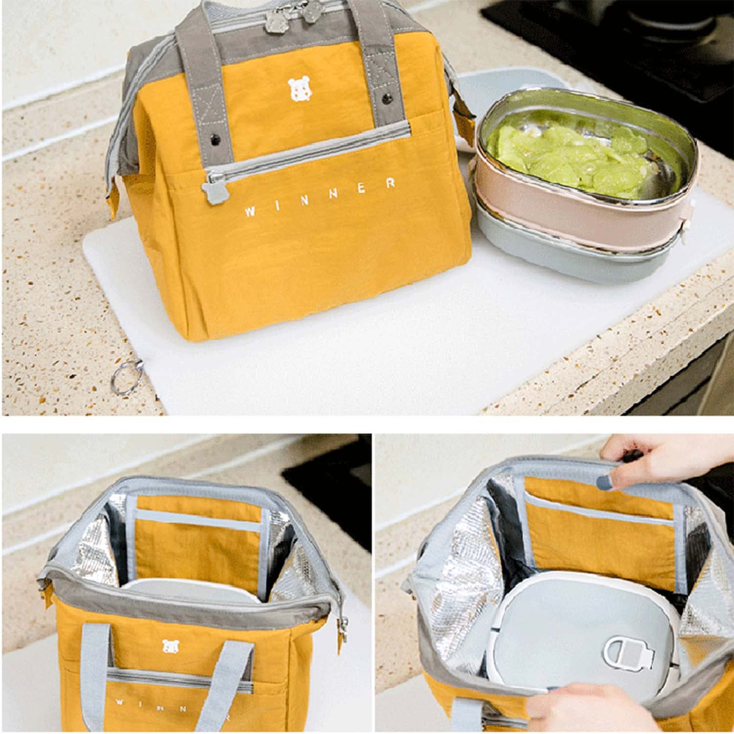 Fiambrera Portátil con Aislamiento Térmico Bolsa Enfriadora Contenedor de Almuerzo Bolsas de Almacenamiento de Alimentos Escolares, 2 Paquetes