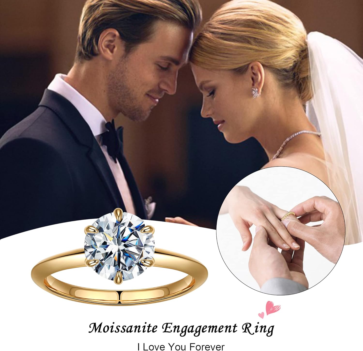 Miniatura 3 de SMILEST Anillo de compromiso redondo de moissanita de 2 quilates para mujer, color D brillante, claridad VVS1, anillo solitario clásico de diamantes