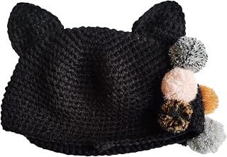 BIBITIME Knitted Ears Beanie Hat Colorful Pom Ball Handmade Warm Women March Cap (One Size for Adult, Black)