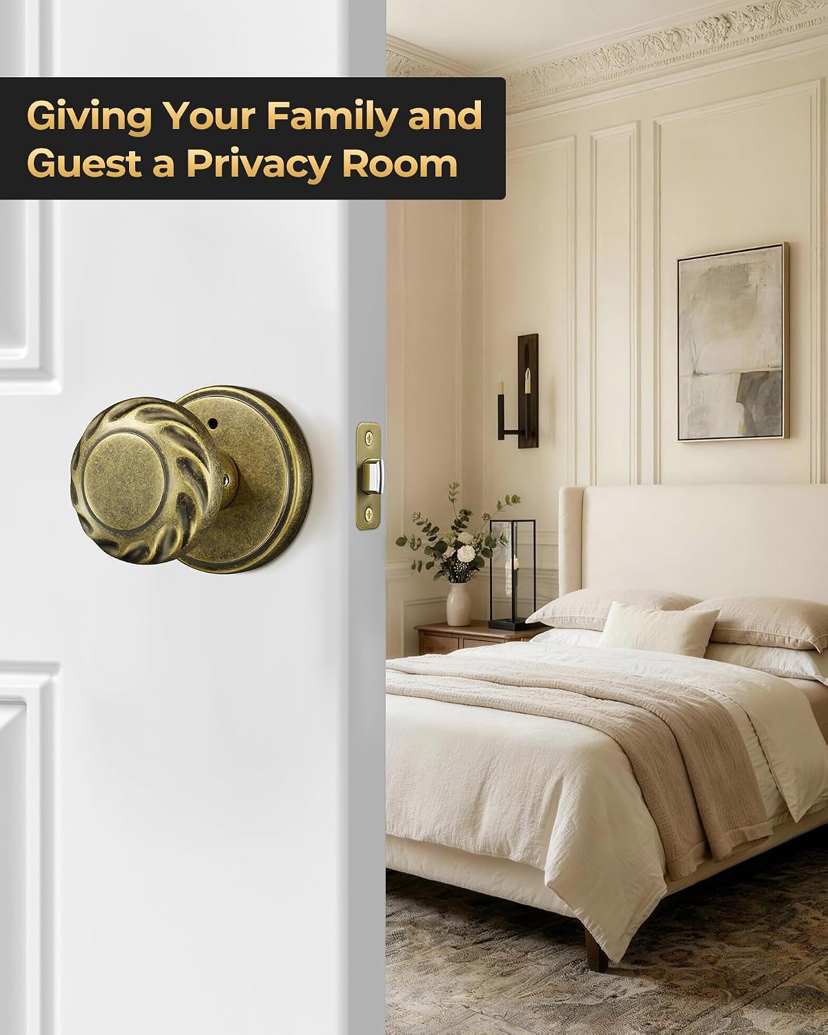 Zinc Alloy Door Knobs Interior, Aged Brass Door Knob, 1 Pack | Exclusive Swirl Texture Design, Heavy Duty Privacy Door Knobs with Lock for Bedroom and Bathroom, Round Vintage Door Knob