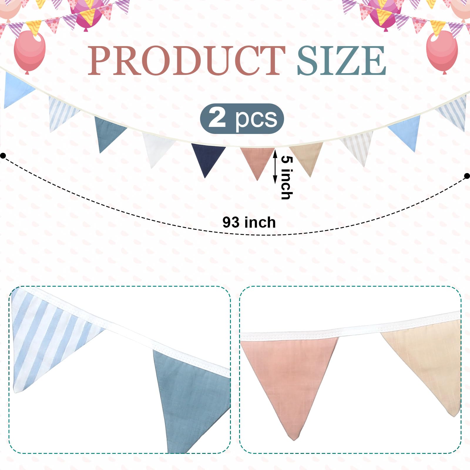 VitalCozy Banderines triangulares de 17 pies, 2 unidades, guirnalda bohemia para guardería, banderines triangulares, banderas de doble cara, decoración de guardería para niños y niñas, habitación de