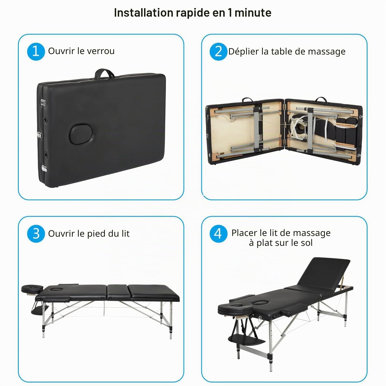 Mondeer Table de Massage Pliante, Lit Cosmétique Pliante Aluminium Professionnel, Lit de Massage Portable, avec Housse de Transport,3 Zone, Noir