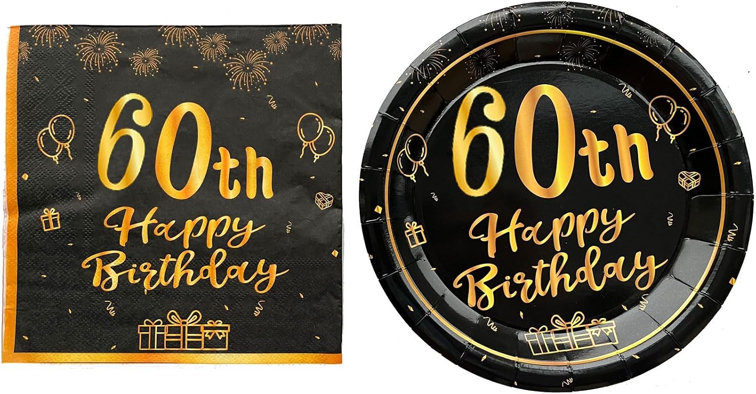 36PCS Happy Birthday Decorations Black Gold Party Supplies Set Includes Disposable Paper Birthday Plates and Napkins for 60th Decorations