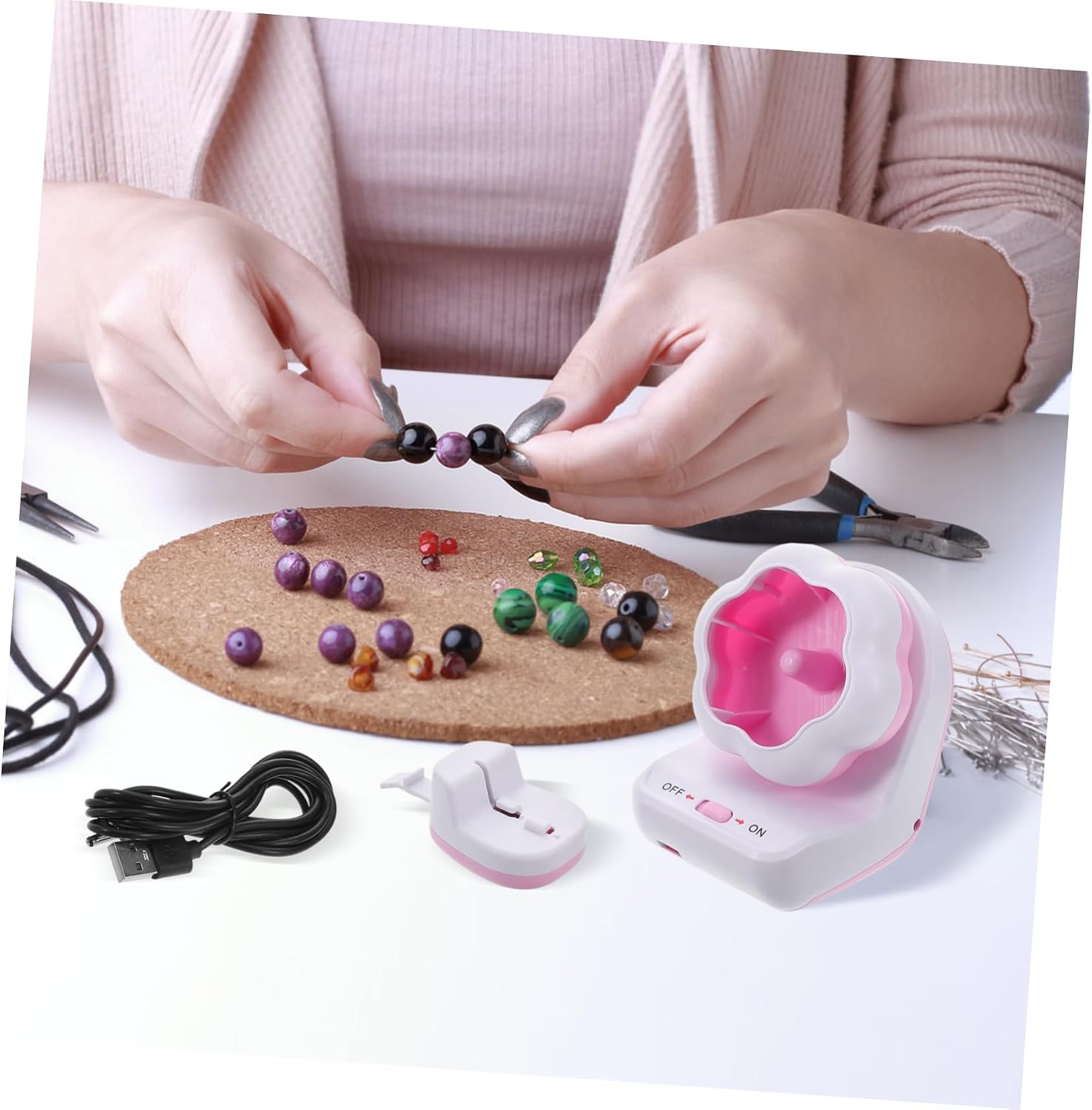 VILLCASE 1set Automatic Electric Bead for Jewelry Making Versatile Beading Tool with Rotating Bowl Compatible with Various Bead for Bracelets and Necklaces