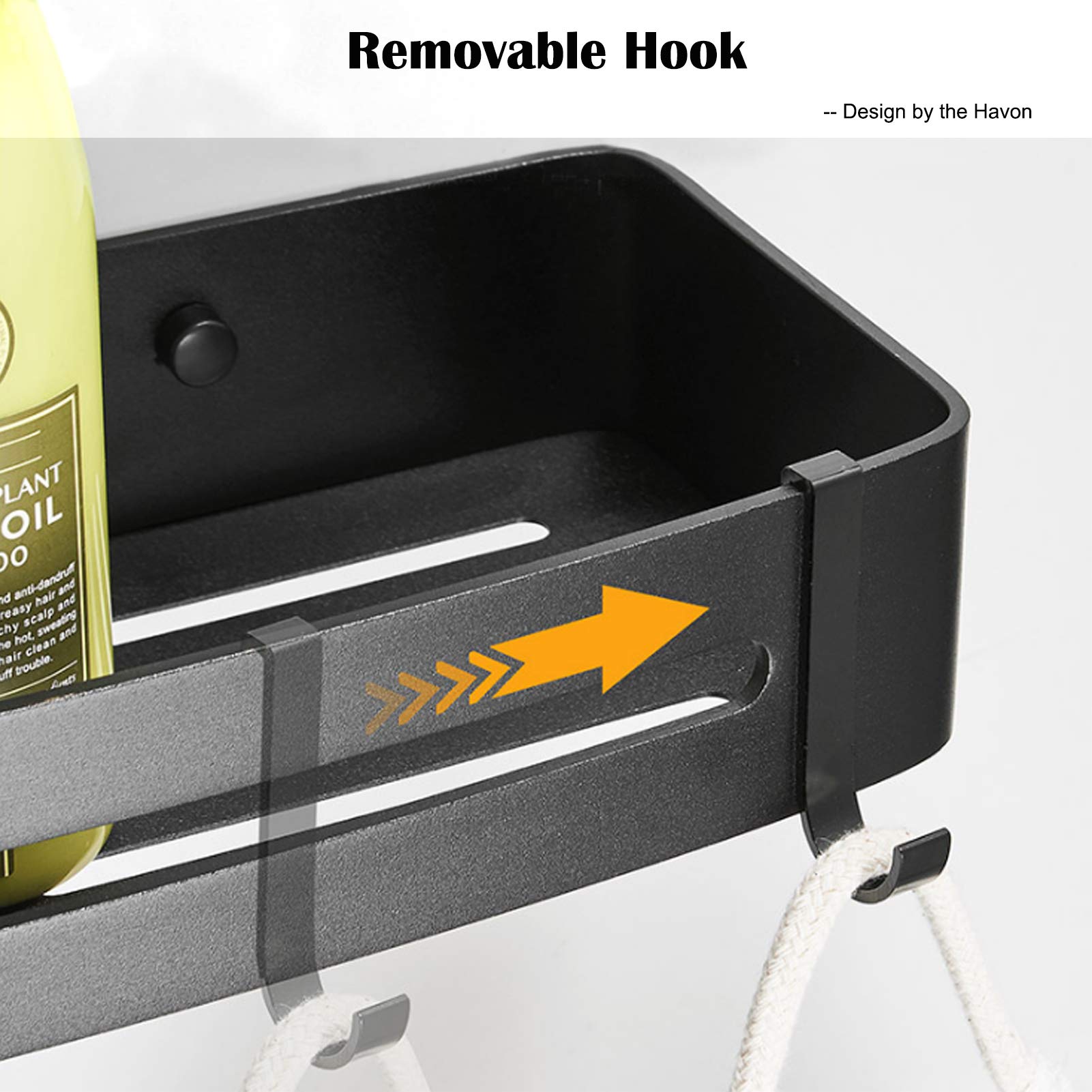 Estante de ducha adhesivo para baño, sin taladrar, aluminio inoxidable con 2 ganchos, color negro, 32 x 13 cm, estante de ahorro de espacio para almacenamiento de ducha