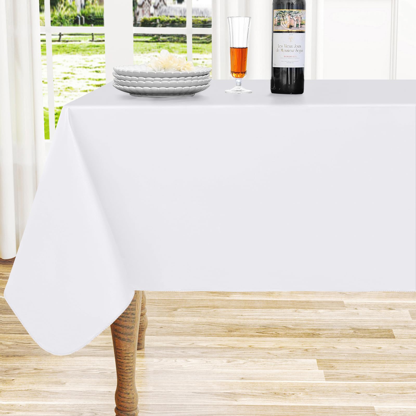 homing rectangle vinyl tablecloth, waterproof spillproof plastic flannel backed table cloth, wipe clean table cover for dining, buffet parties and camping (white, 60" x 84")