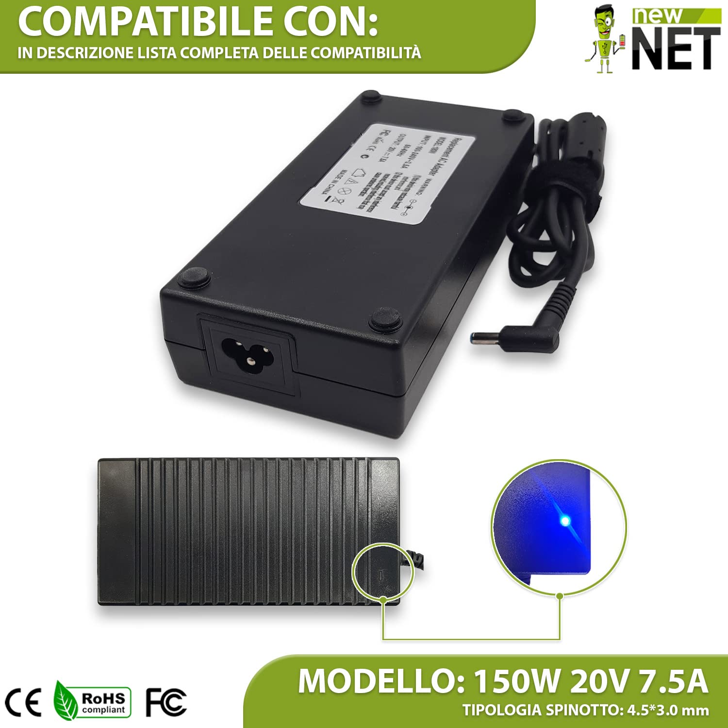New Net Alimentatore - Caricatore Caricabatteria compatibile con Notebook ASUS Vivobook 15 X571G X571GT F571G X571GD F571GD F571GT FX571G FX571GT [ 20V 7.5A 150W - 4.5 x 3.0 mm ]