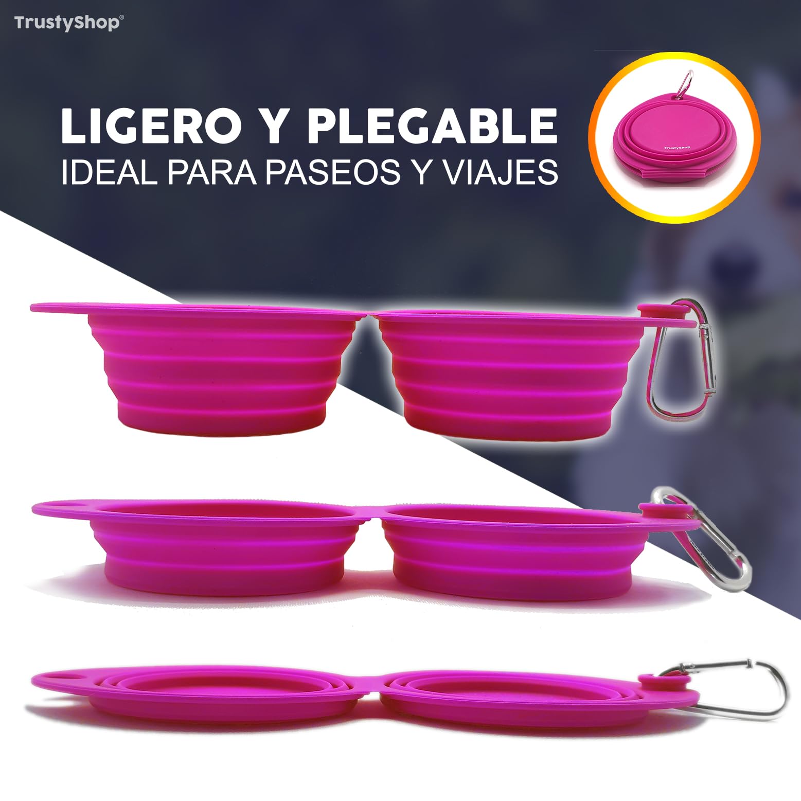 Comedero y Bebedero Plegable para Perros y Gatos - Cuenco Doble de Silicona Resistente Libre de BPA - Plato Portatil para Agua y Comida Ideal para Viaje, 700ml (Rosa Fucsia)