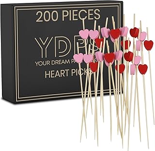 Valentine Picks - Heart Toothpicks for Appetizers, Set of 200-4.7" Heart Skewers for Valentine's Day, Galentine's, and Food Decorations - Cocktail Picks For Garnish