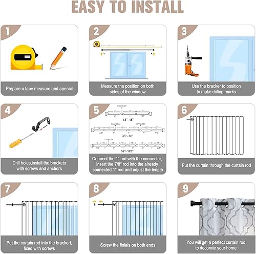 Miniatura 8 de Paquete de 2 barras de cortina de bronce para ventanas de 28 a 48 pulgadas (2.3-4 pies), barras de cortina resistentes de 1 pulgada de diámetro,
