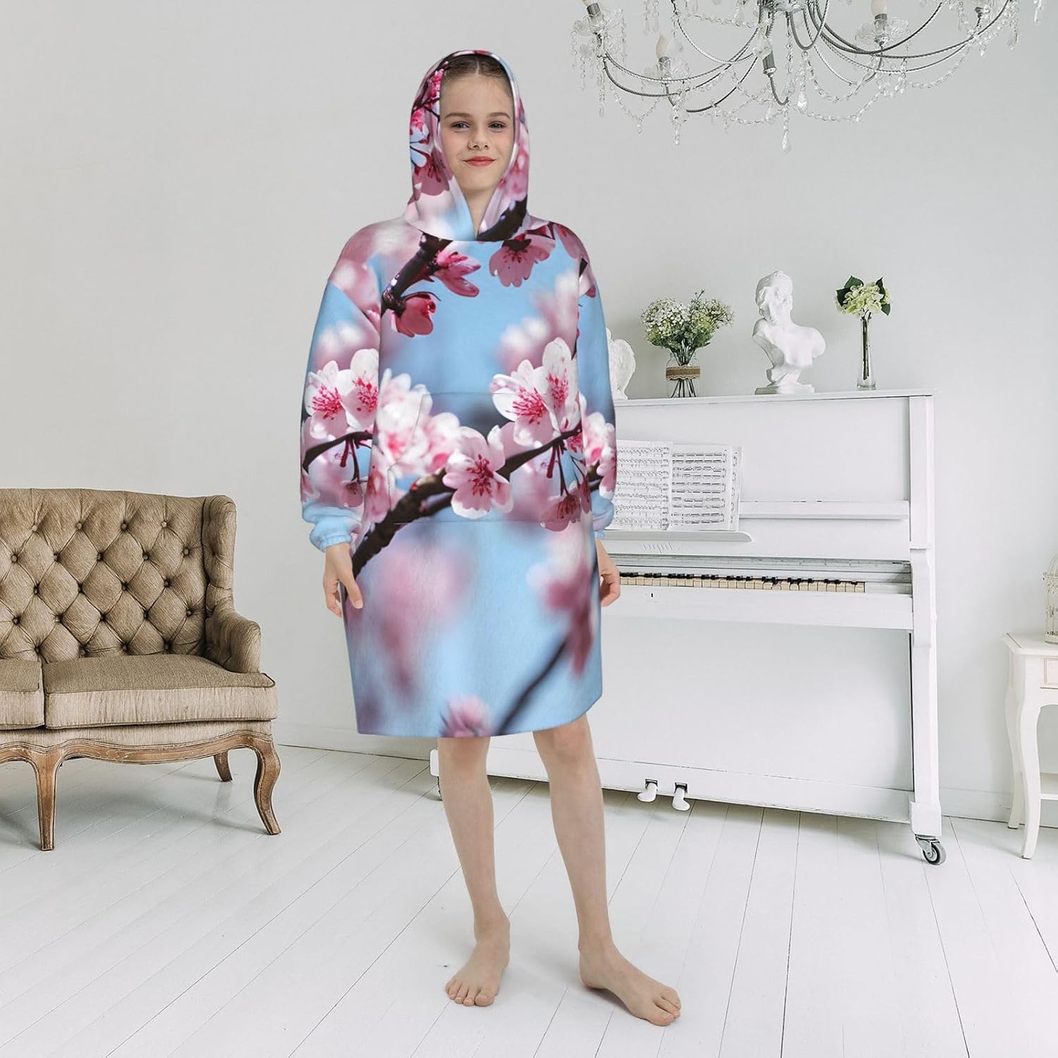 Tempting Cherry Blossoms Print Oversized Blanket Hoodie, Wearable Blanket Hooded,Hooded Pullover With Pocket