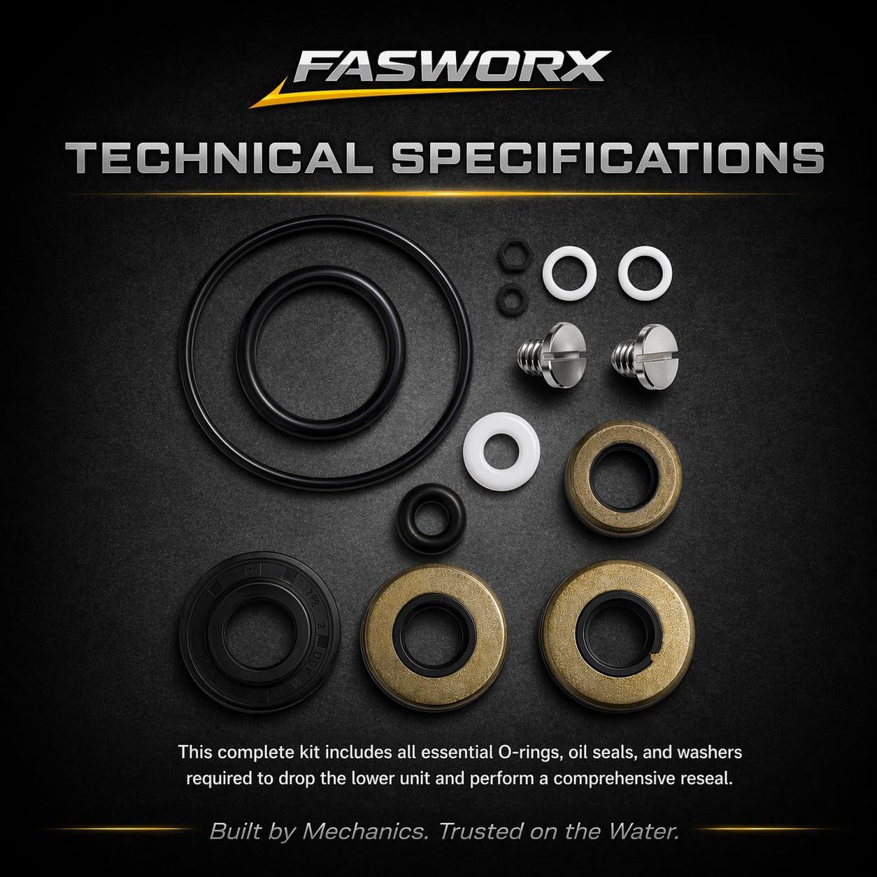 FASWORX Lower Unit Gearcase Seal Kit for Johnson Evinrude 9.9 HP & 15 HP (1974-Up), 8 HP, 10 HP Outboards - Replaces OEM 396350, 0396350, Sierra 18-2656 - Marine Grade Gear Housing Reseal Kit