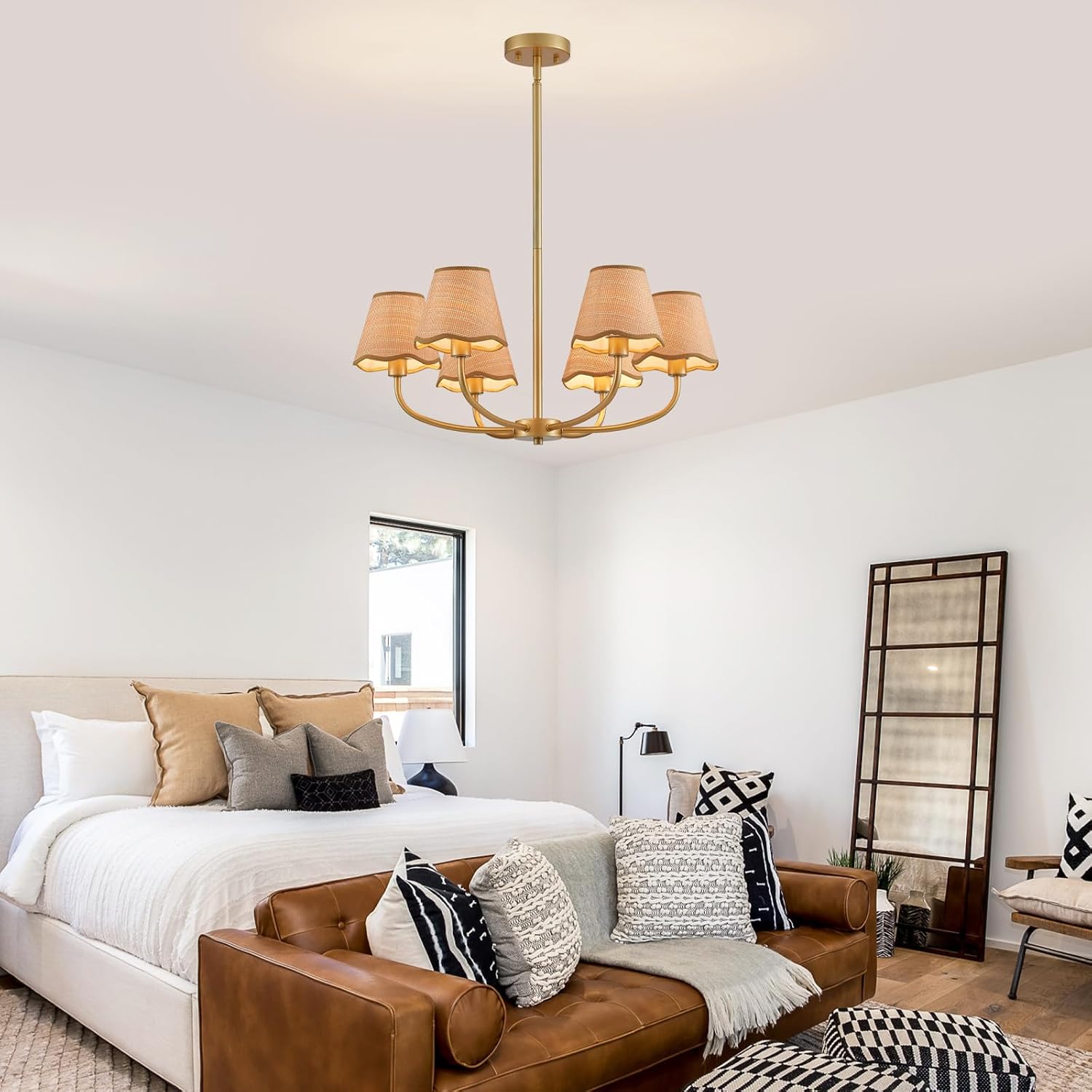 Boho Rattan Chandelier with Fabric Shade 24.4 Inch Gold Chandelier 6-Light Dining Room Light Fixture Modern Chandelier Lighting for Kitchen Island Living Room Entryway, Ceiling Hanging Pendant