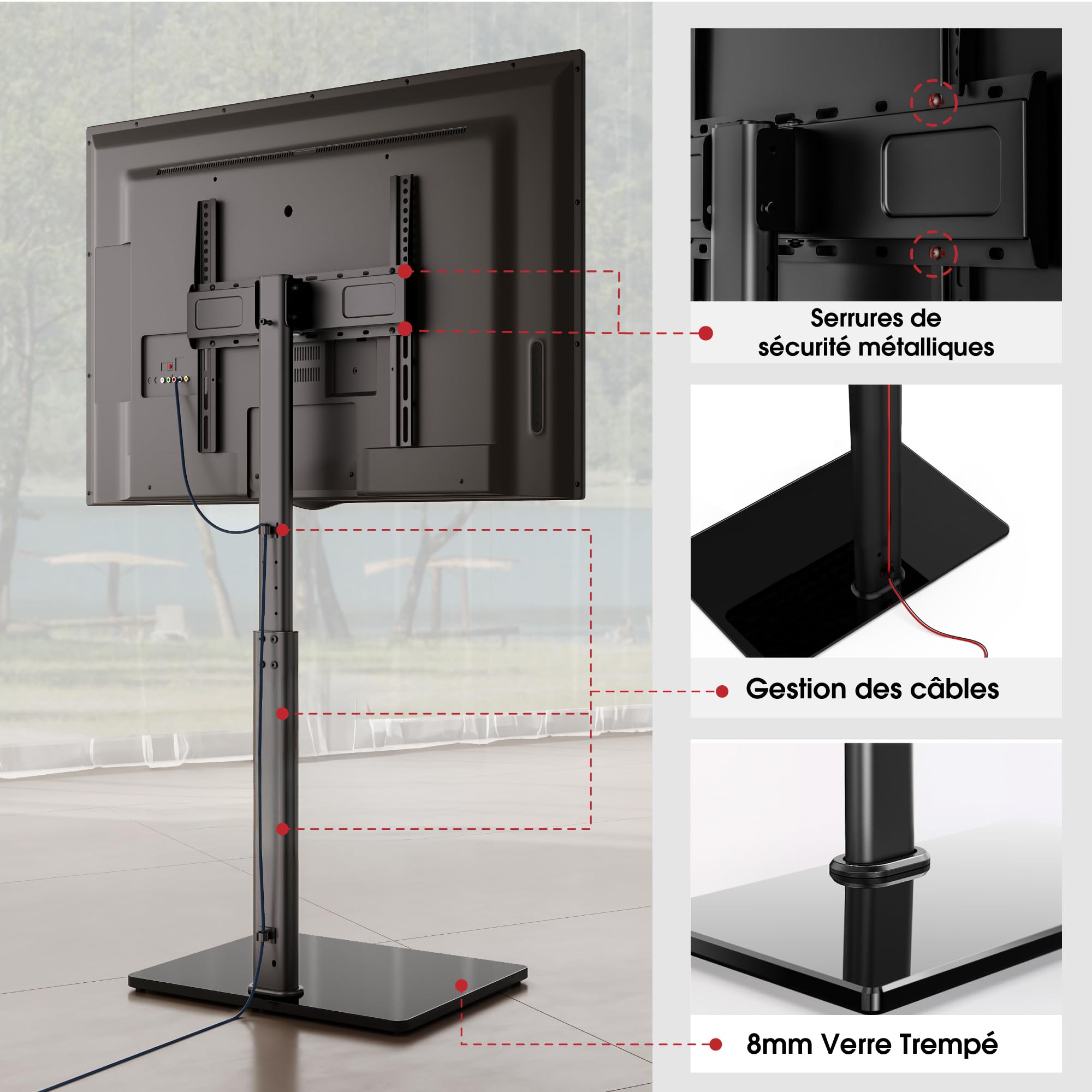 AOKCOS Support TV sur Pied pour TV de 32-65 70 Pouces - Pied TV Plus Haut 1095 MM - 1350 MM Pivotant 60° Inclinaison 12° jusqu'à 40 KG Max. VESA 400x400 MM