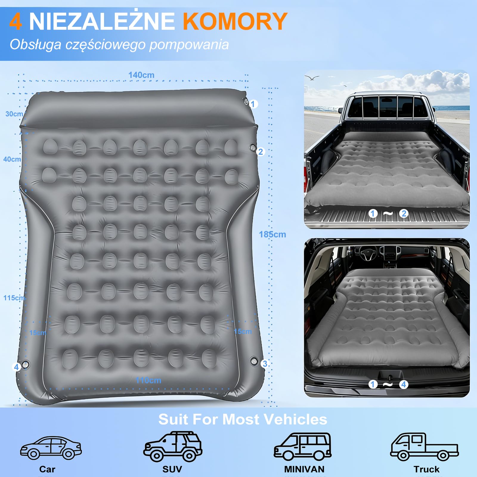 Materac samochodowy, Materac dmuchany na kemping do SUV MPV Van185x140x20cm | Mata do Bagażnika samochodowego spania materac dmuchany na podróż samochodowy car air mattress -Szary