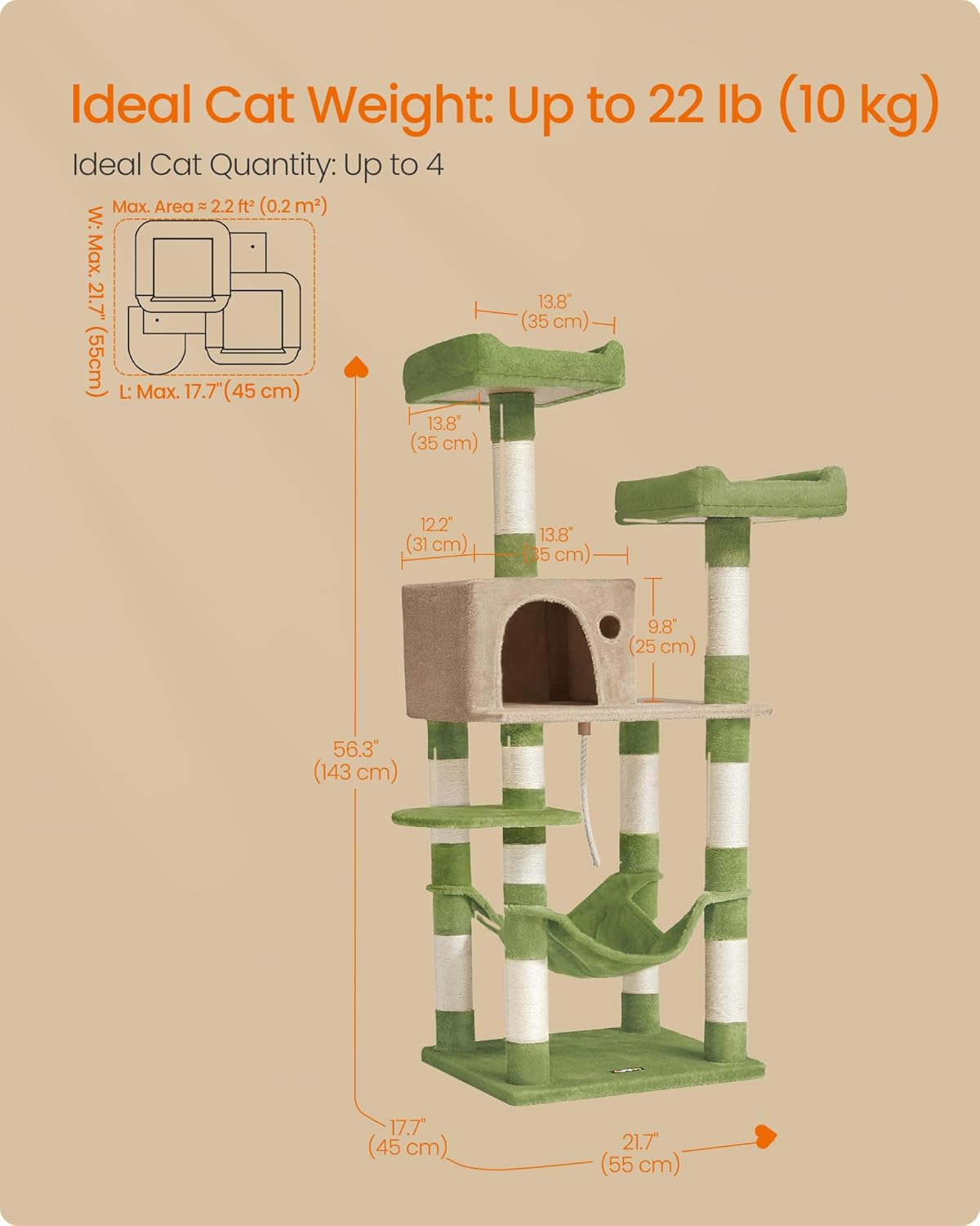 Feandrea Cat Tree, 56.3-Inch Cat Tower, Multi-Level Plush Condo with 11 Scratching Posts, 2 Perches, Hammock, Cave, Grass Green and Camel Brown UPCT015CB02