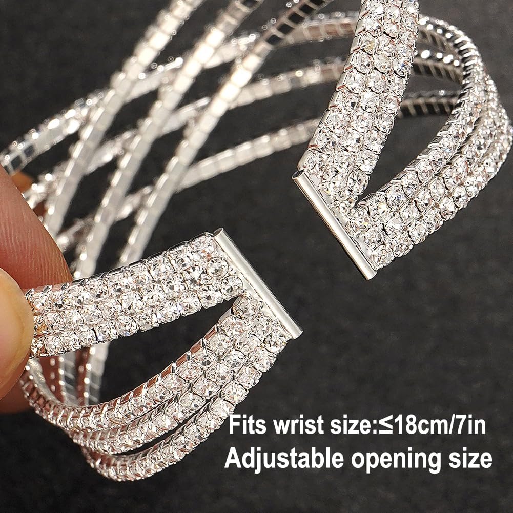 Suyi Rhinestone Bracelet for Women Silver Multilayer Cuff Bracelet Craystal Braidal Bracelets - Image 5