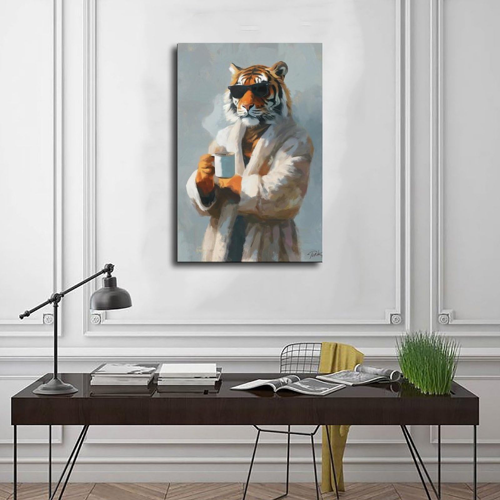 AGTHWE Póster de tigre bebiendo café, póster de lona para decoración del
