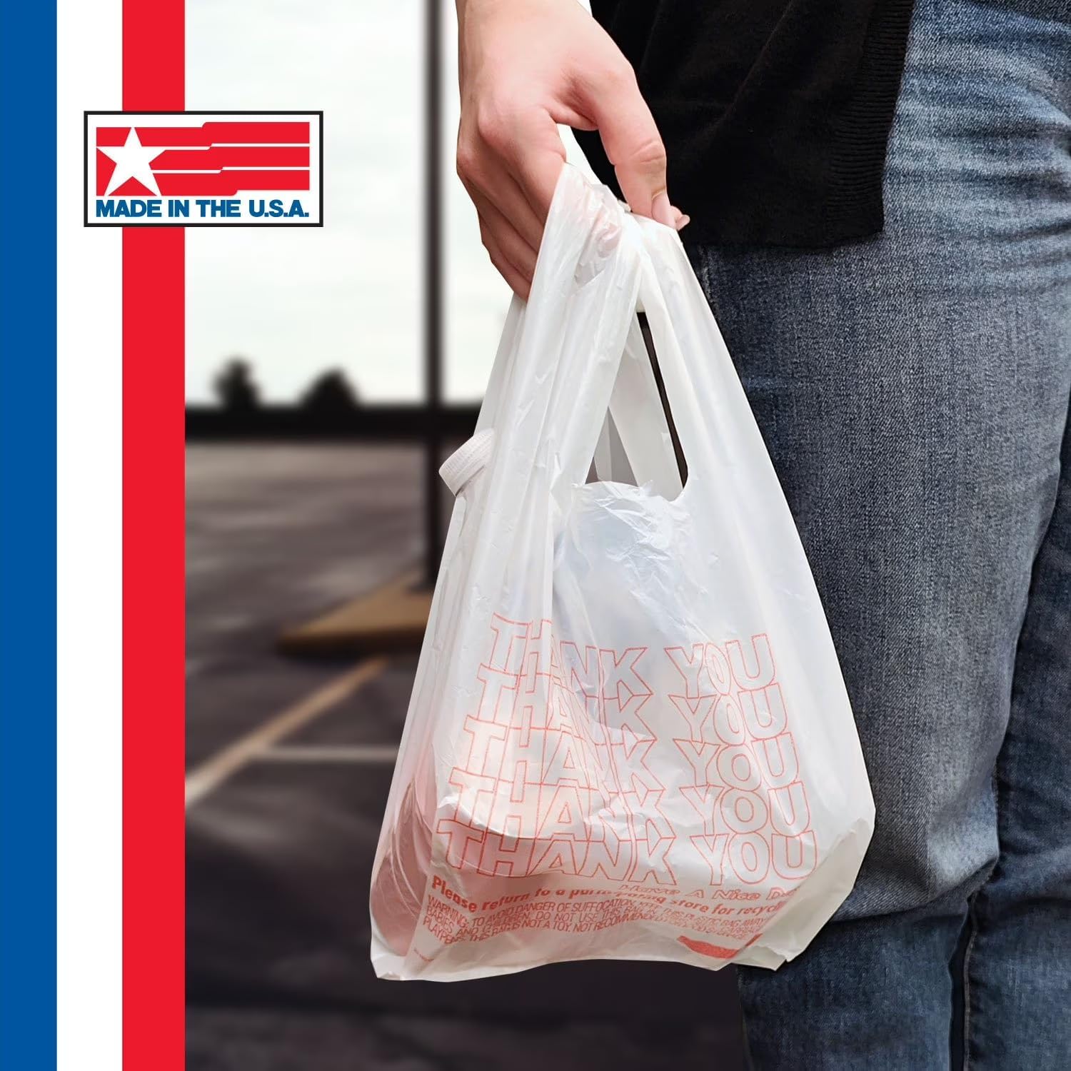 IT'S BRAZILIAN Plastic Thank You Bags 1000 Count, 7" x 5" x 15" White Grocery Bags with Handles for Restaurant, Retail, Grocery Store, Takeout, Convenience Stores, T-shirt Shopping Bag in Bulk
