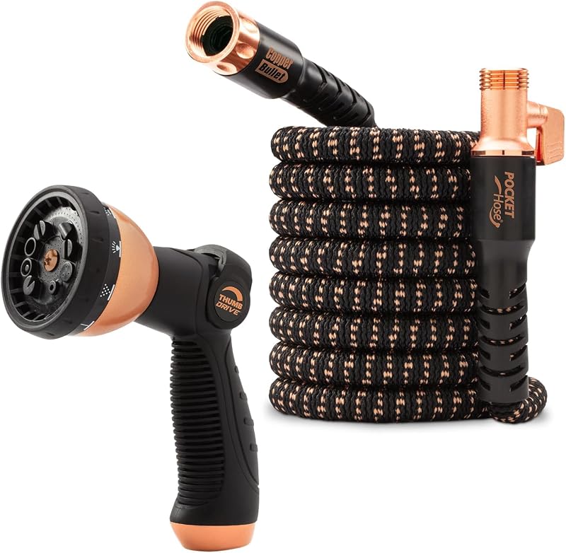 50 FT Copper Bullet Hose, 10-Pattern, 650psi | Expands to 50 ft with lead-free copper fittings, 650 PSI strength and a 10-pattern thumb spray nozzle