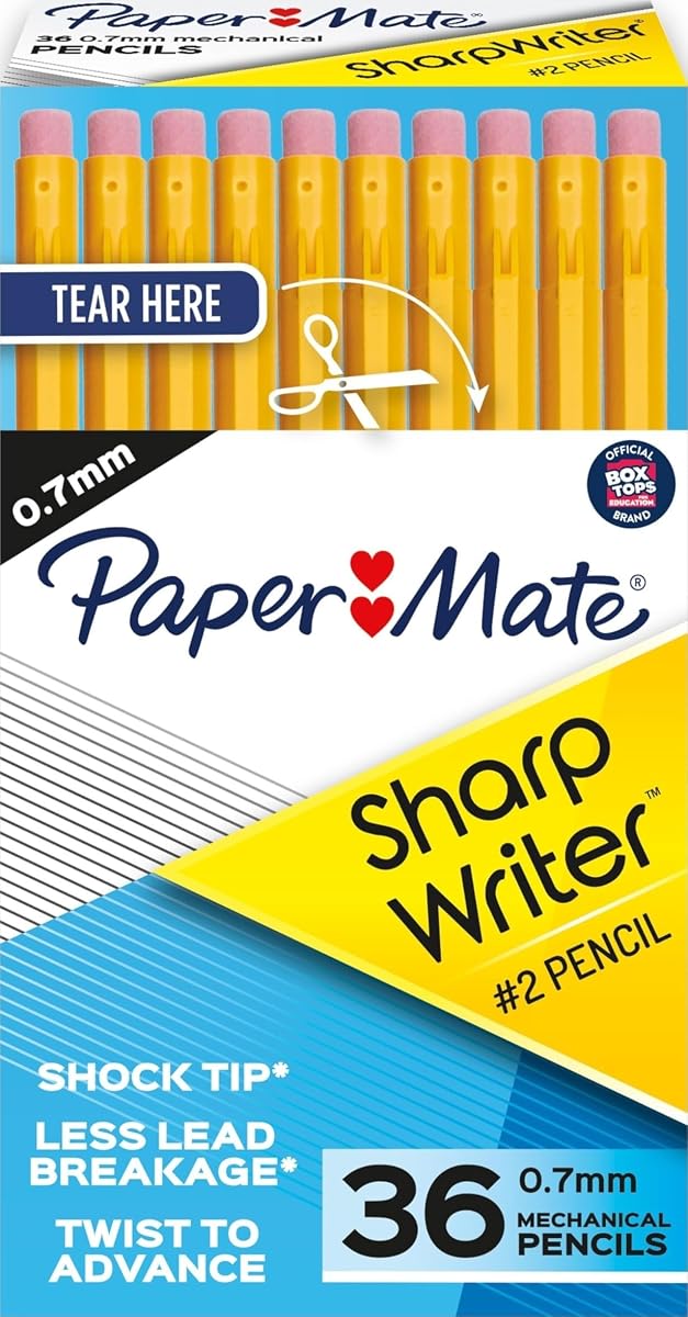 Lápices mecánicos Paper Mate SharpWriter, mina de lápiz #2 de 0,7 mm, amarillo, 36 unidades - Suministros para el regreso a clases