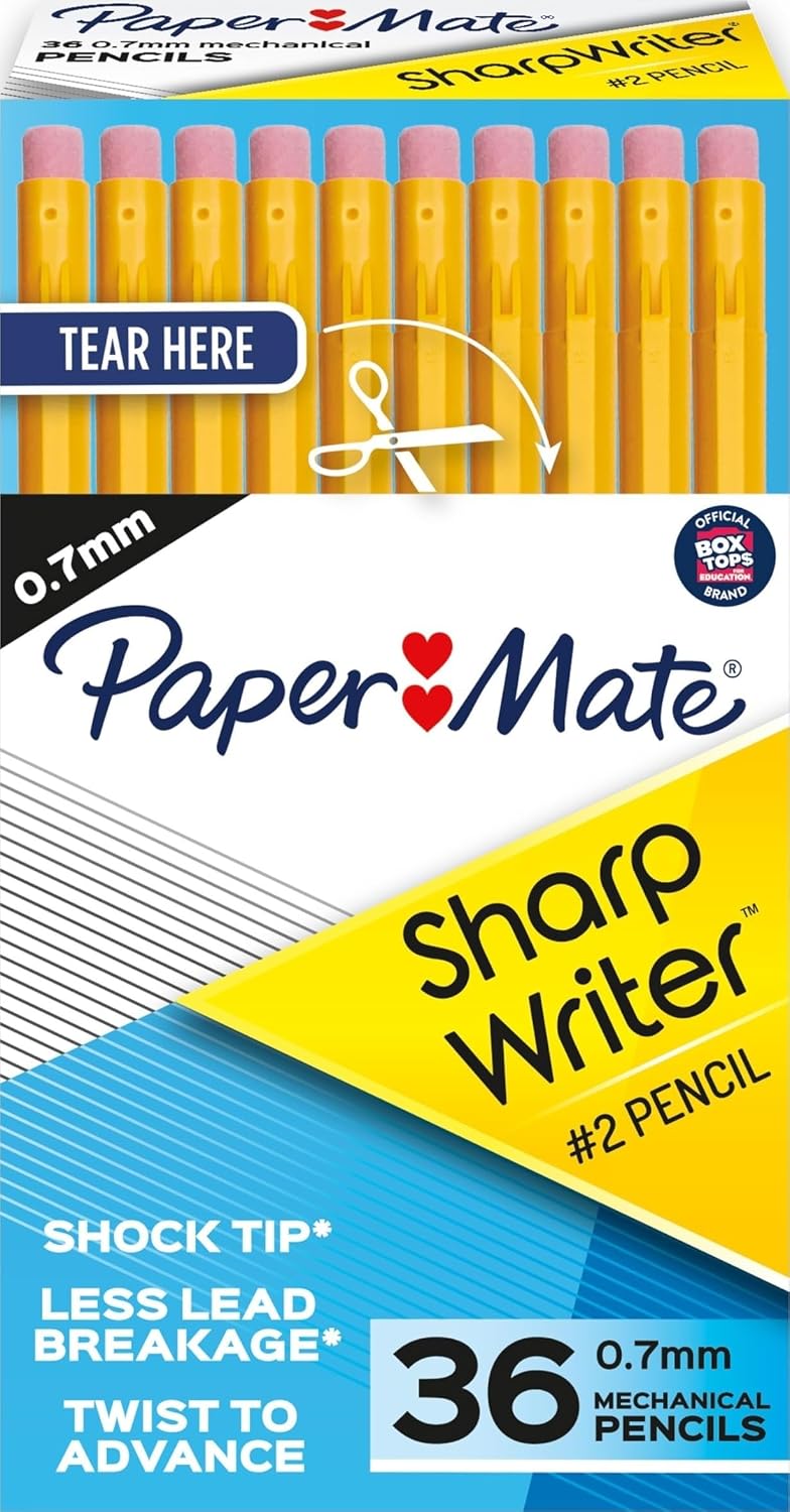 Paper Mate SharpWriter Mechanical Pencils, 0.7 mm #2 Pencil Lead, Yellow, 36 Count - Back to School Supplies