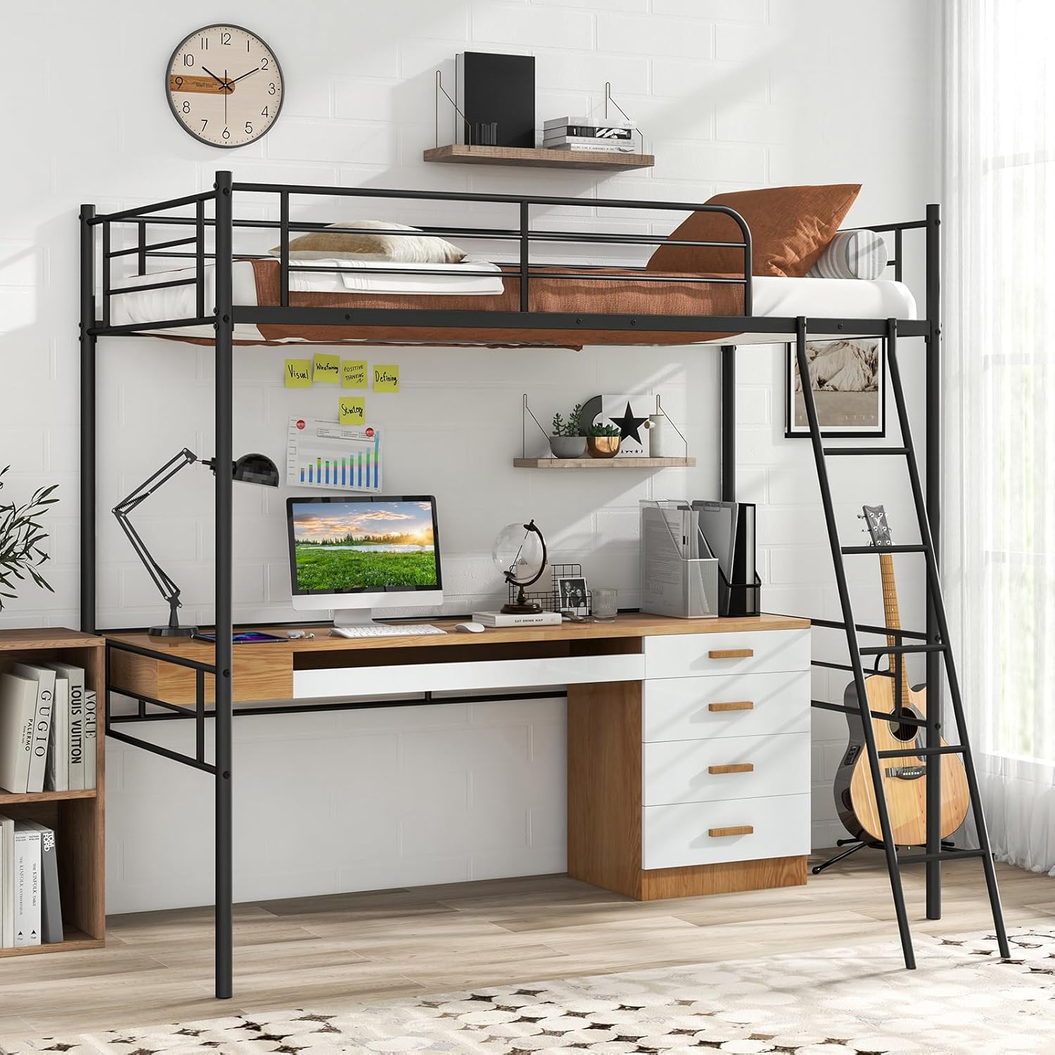 GOFLAME Twin Size Metal Loft Bed, Single Loft Bunk Bed with Full-Length Guardrail and Slanted Ladder, Heavy-Duty Space-Saving Loft Bed Frame for Juniors and Adults, No Box Spring Needed, Black