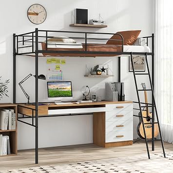 GOFLAME Twin Size Metal Loft Bed, Single Loft Bunk Bed with Full-Length Guardrail and Slanted Ladder, Heavy-Duty Space-Saving Loft Bed Frame for Juniors and Adults, No Box Spring Needed, Black