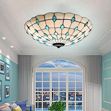 Tiffany Chandelier Stained Glass Ceiling Light Flush Mount Fixtures Handmade Shade Vintage Multicolor Pendant Lighting Lamp Fixtures for Bedroom Dining Living Room Kitchen,Blue,16in