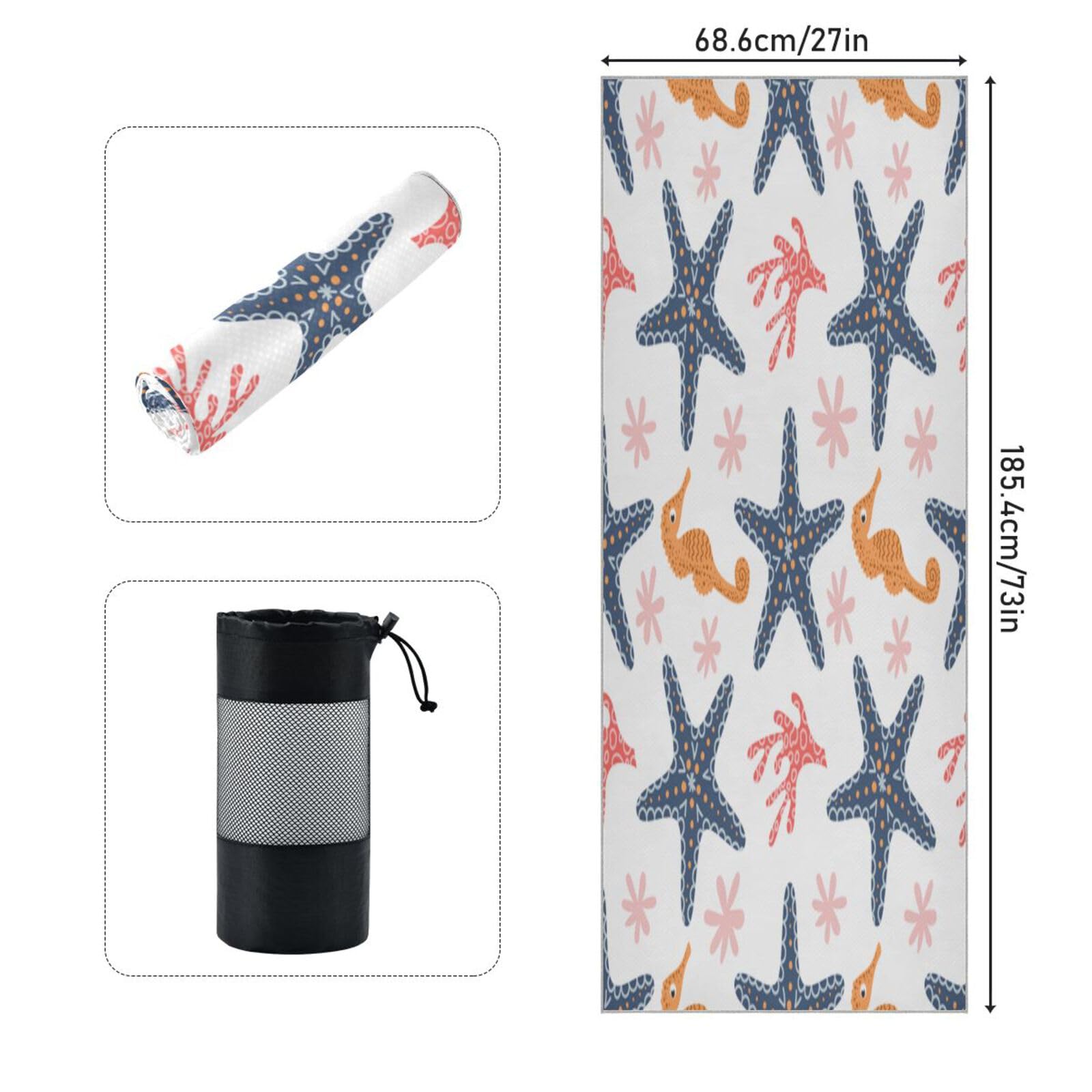 pnyoin Yoga Towel Seahorse Starfish Adn Corals Hot Yoga Mat Towel with Grip Dots Sweat Absorbent Non-Slip for Hot Yoga, 24