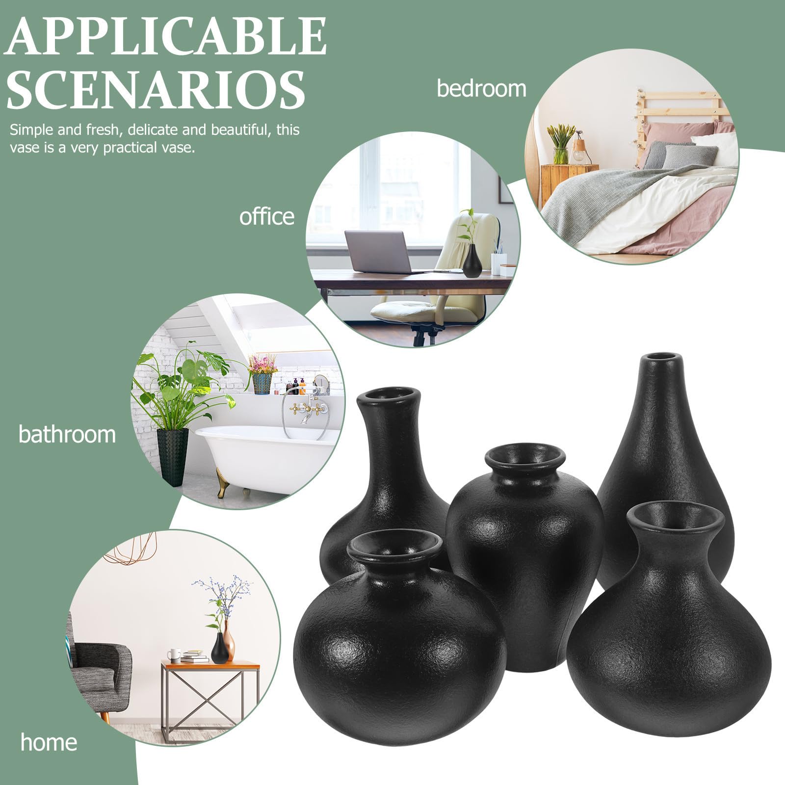 5 Piezas Mini Jarrón de Cerámica Negro, Juego de Decoración Zen