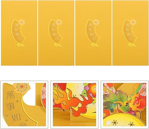 Vista 26 de Vaguelly Sobres rojos de año nuevo 3D 2024, 4 unidades, loto chino, carácter, año del dragón, Fengshui, Fortuna, sobre Hong Bao Lucky Money Red As