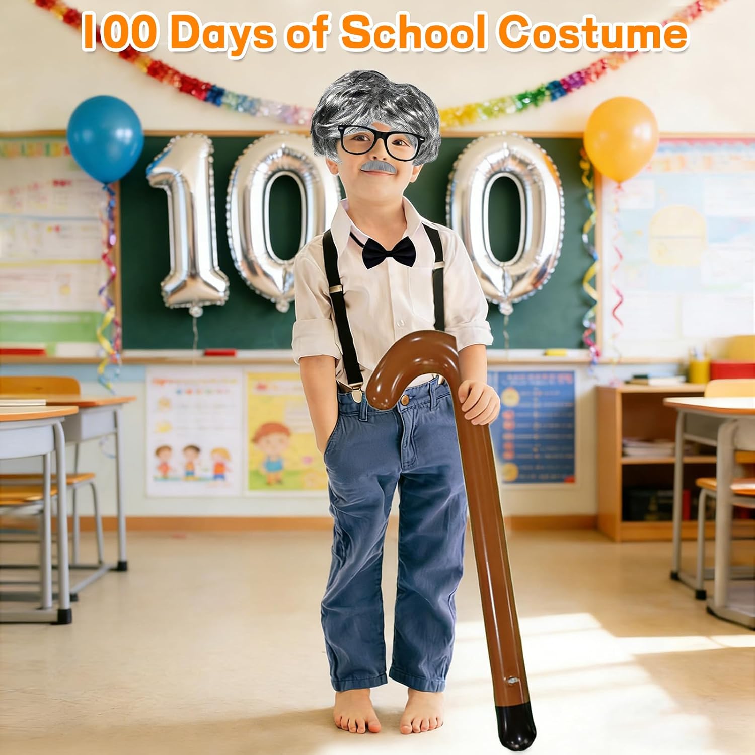 7 Pcs Old Man Costume Set, Old Man Wig Inflatable Cane Glasses Bow Tie Suspenders Mustache Set for Themed Parties Performance Accessories - Image 7