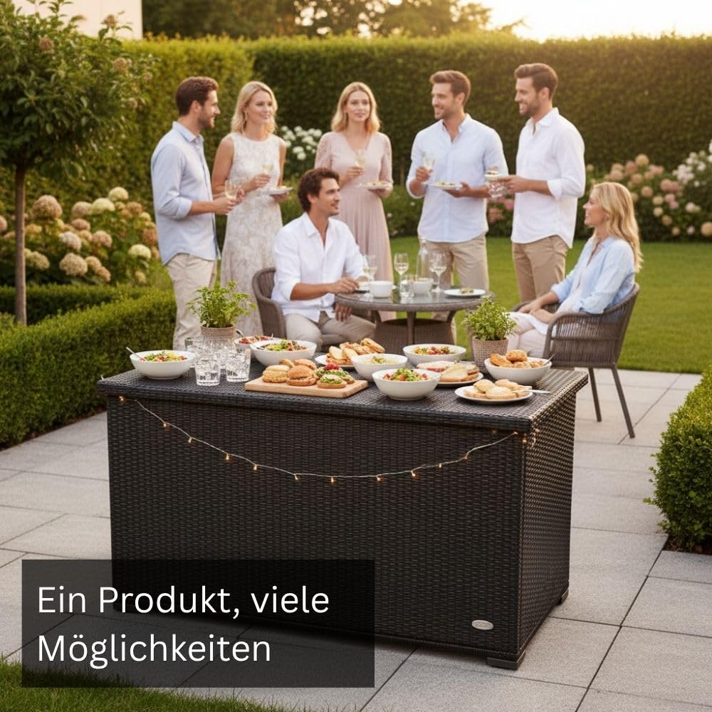 RS Trade Auflagenbox wasserdicht XXL, Gartenbox, Aufbewahrungsbox Garten, Kissenbox Outdoor, Gartentruhe, große Gartenkiste für Polster, wetterfeste Garten-Aufbewahrung, Polyrattan, 950l, schwarz