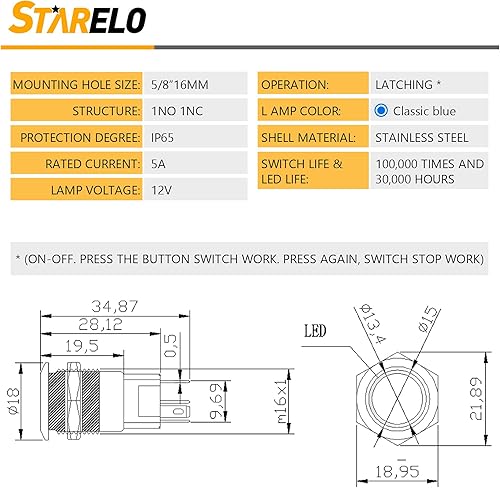Miniatura 10 de STARELO 5 interruptores de botón LED de 0.472 in con cierre de 0.472 in, carcasa plateada con precableado, interruptor de botón impermeable IP65,